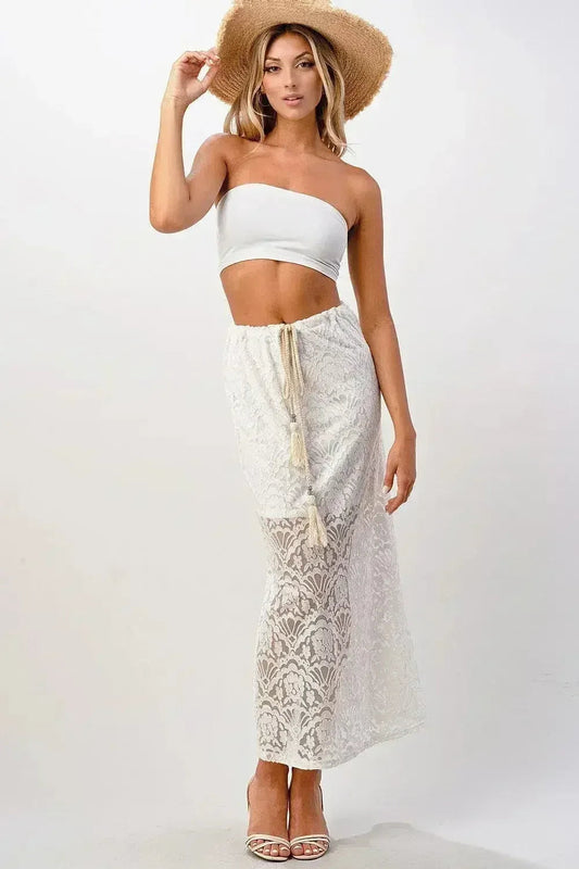 Sheer Lace Maxi Skirt - Drawstring Waist & Bow | Femstylo