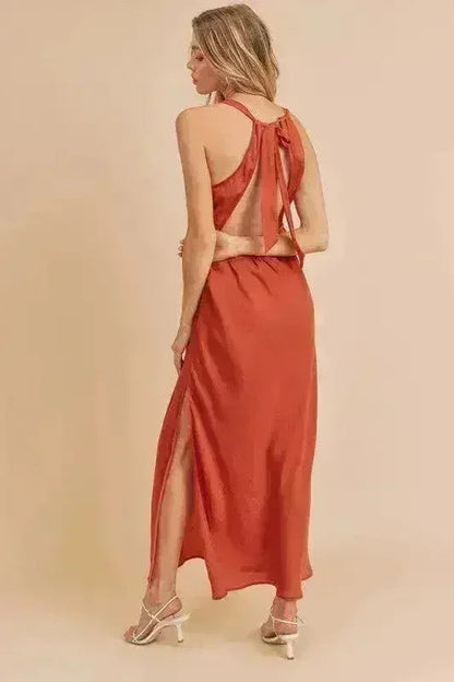 Ruched Cutout Back Maxi Dress | Elegant Slit Cami Dress - Femstylo