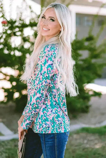 Green Floral Pleated Blouse - Relaxed Long Sleeve Top | Femstylo