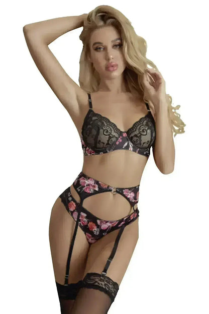 Print Lace Splicing Bralette Set with Garter Belts