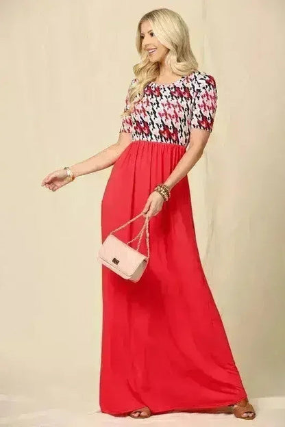 Houndstooth Maxi Dress | Short Sleeve Pocketed Style | Femstylo