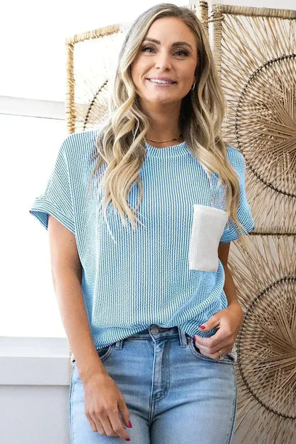 Pink Corded Colorblock Pocket Crew Neck T Shirt