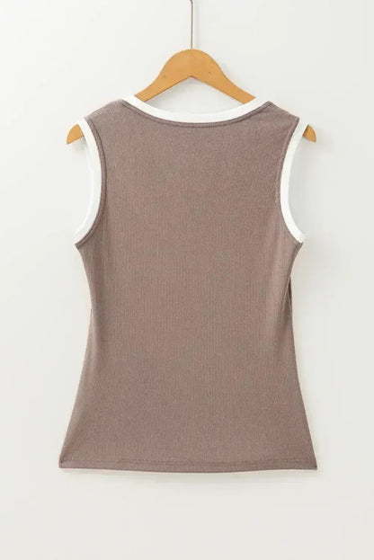 Smoke Gray Ribbed Knit Contrast Neck Slim Fit Tank Top | Femstylo