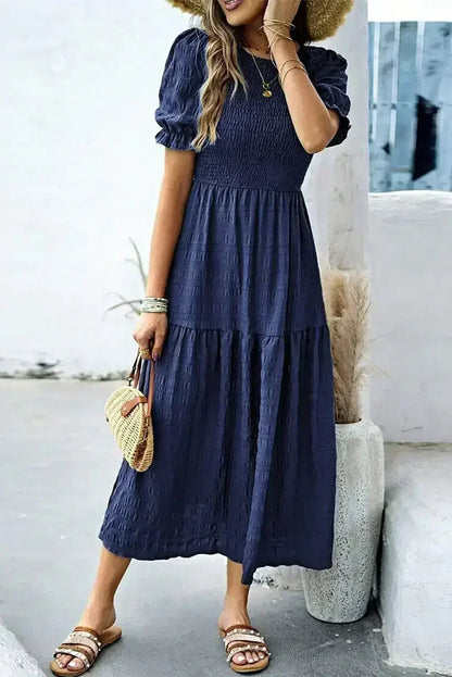 Sail Blue Solid Textured Smocked High Waist Midi Dress