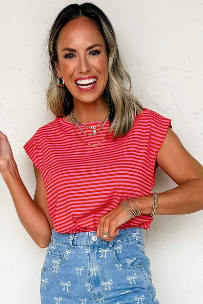 Black Stripe Ribbed Cap Sleeve Round Neck T Shirt