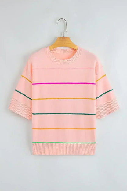 White Striped Half Sleeve Drop Shoulder Sweater