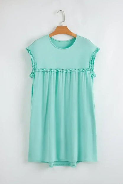 Oatmeal Frilled Trim Crewneck Loose Fit Mini Dress