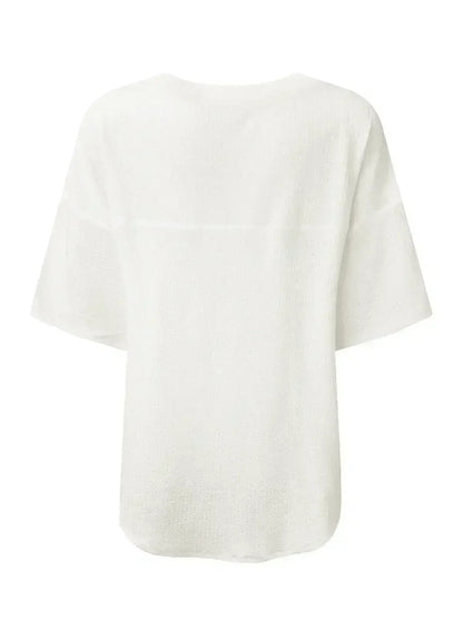 White Waffle Texture V Neck Drop Shoulder Loose Tee