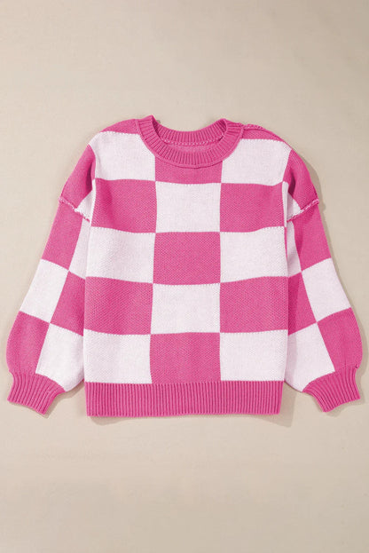 Dark Brown Plaid Bishop Sleeve Pullover Sweater