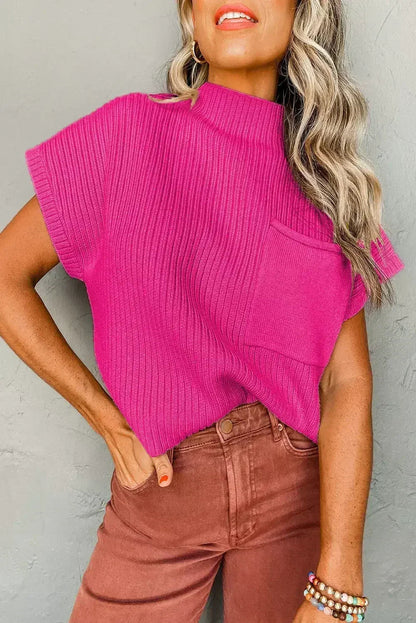 Mineral Red Patch Pocket Ribbed Knit Short Sleeve Sweater