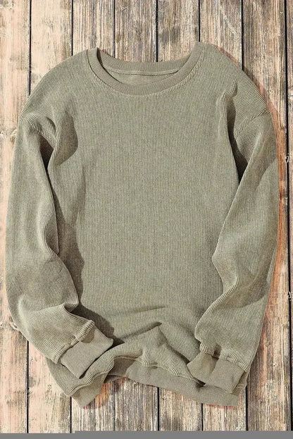 Green Ribbed Knit Sweatshirt - Round Neck Pullover | Femstylo
