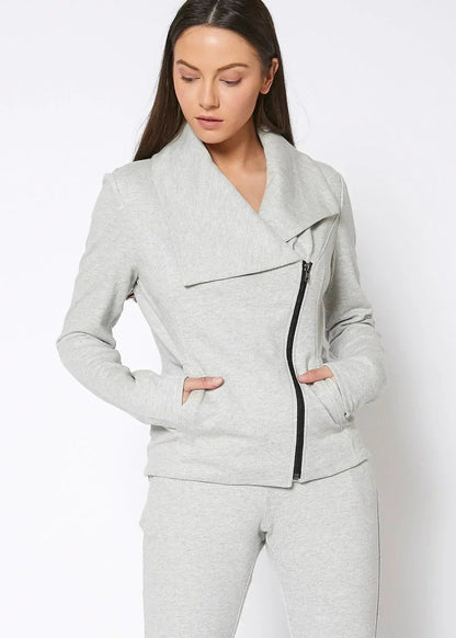 Women's Oversized Collar Zip-Up Moto Jacket In Heather Grey