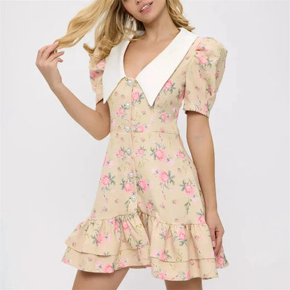 Puff Sleeve V-Neck Mini Dress | Printed Ruffled Pearl Button Dress - Femstylo