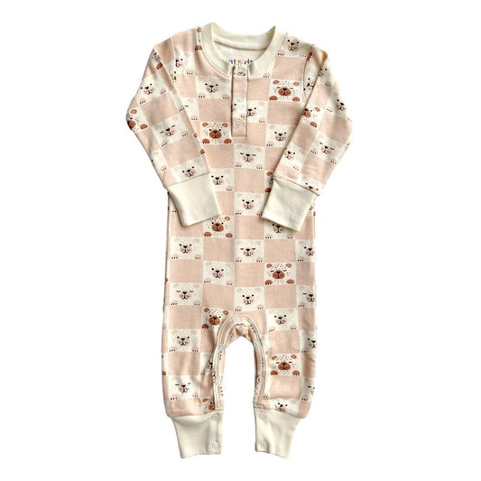 GOTS Certified Organic Cotton Playsuit No Pocket - Checkered Bear