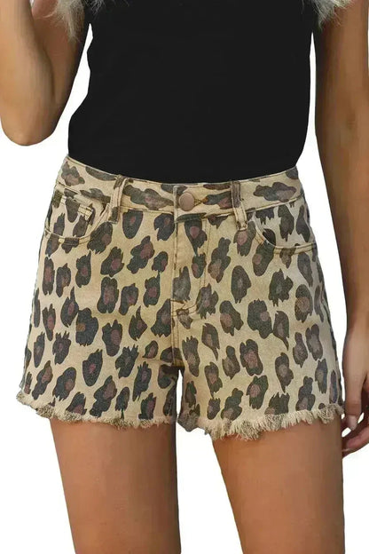 Brown Leopard Mid Waist Frayed Hemline Jean Shorts