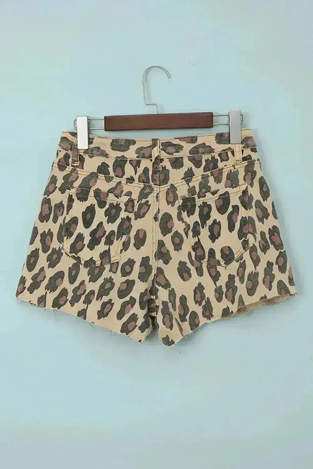 Brown Leopard Mid Waist Frayed Hemline Jean Shorts
