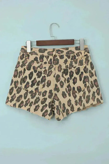 Brown Leopard Mid Waist Frayed Hemline Jean Shorts