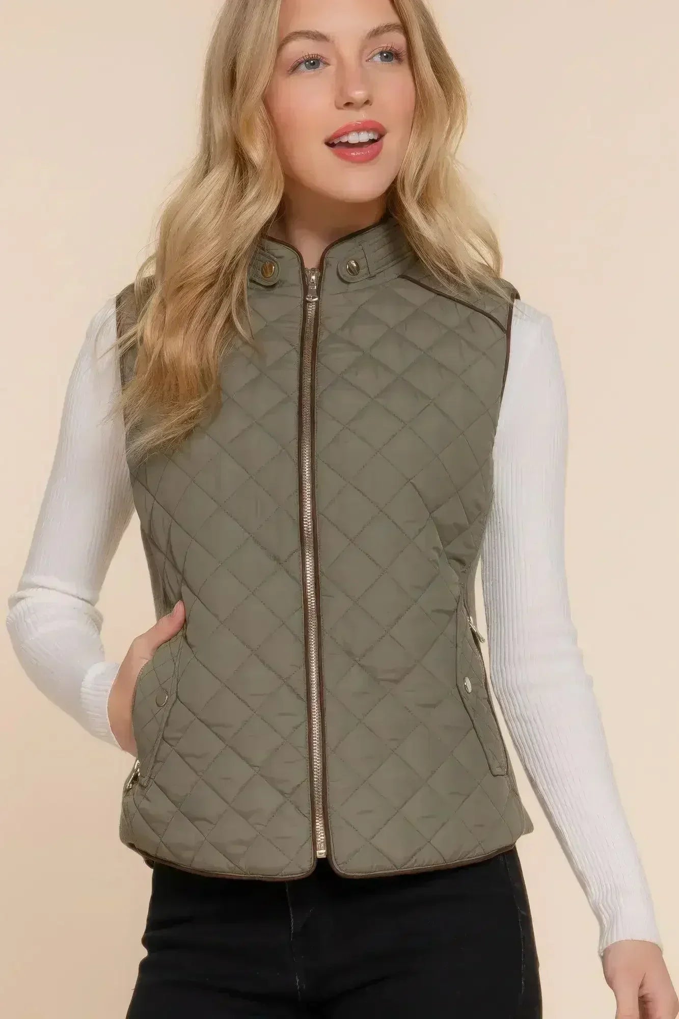 Quilted Suede Piping Vest - Pale Taupe | Femstylo