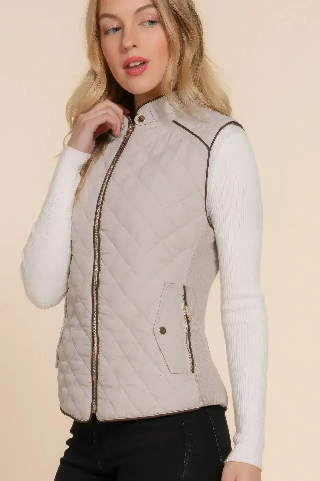Quilted Suede Piping Vest - Pale Taupe | Femstylo