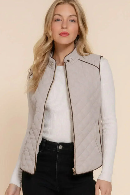Quilted Suede Piping Vest - Pale Taupe | Femstylo