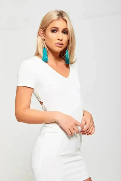 Cream Short Sleeve Lace Back Mini Dress