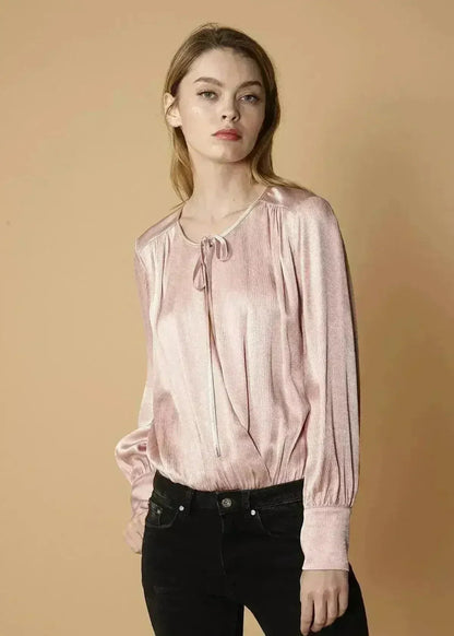 Fall Pink Tie-Neck Long Sleeve Bodysuit - Femstylo
