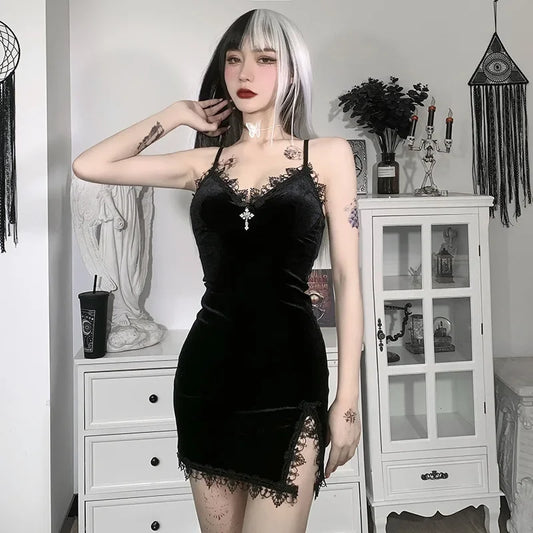 Goth Cross Mini Dress | Vintage Black Spaghetti Strap Dress -femstylo