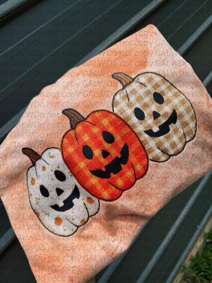 Faux patch stitched three pumpkins tee or sweatshirt