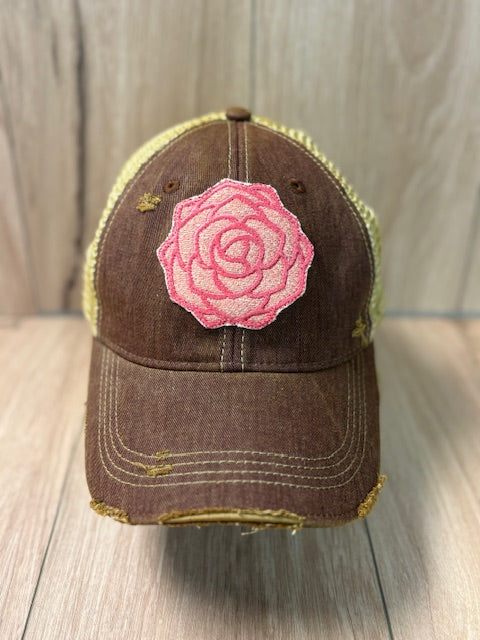 Peony distressed snapback mesh hat