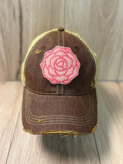 Peony distressed snapback mesh hat
