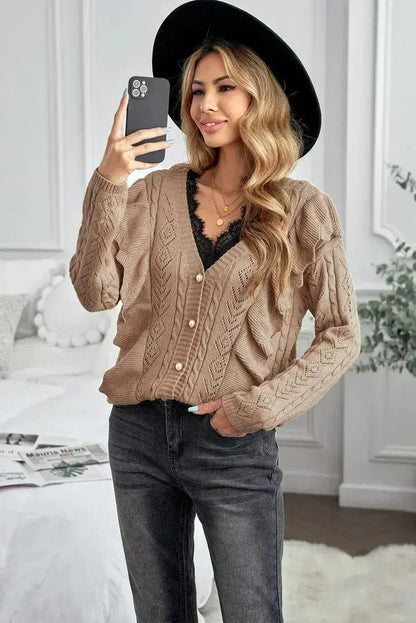Khaki Ruffled Knit Sweater - Button Front V-Neck Cardigan | Femstylo