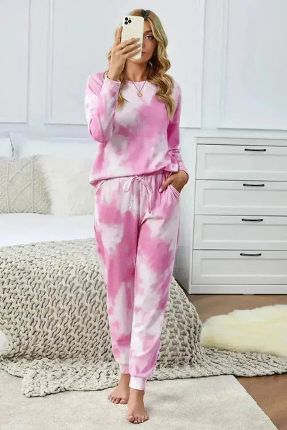 Fashion Pink Tie Dye Knit Long Sleeve Joggers Set