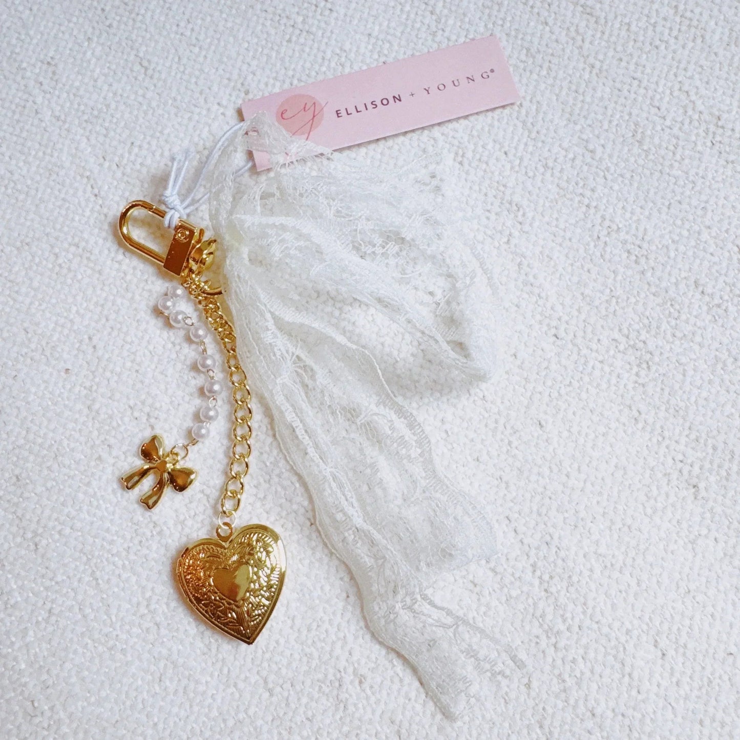 Lace & Love Heart Bag Charm  – White Bow with Gold Heart | Romantic