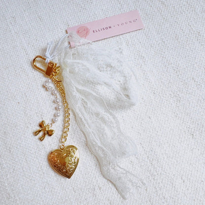 Lace & Love Heart Bag Charm  – White Bow with Gold Heart | Romantic