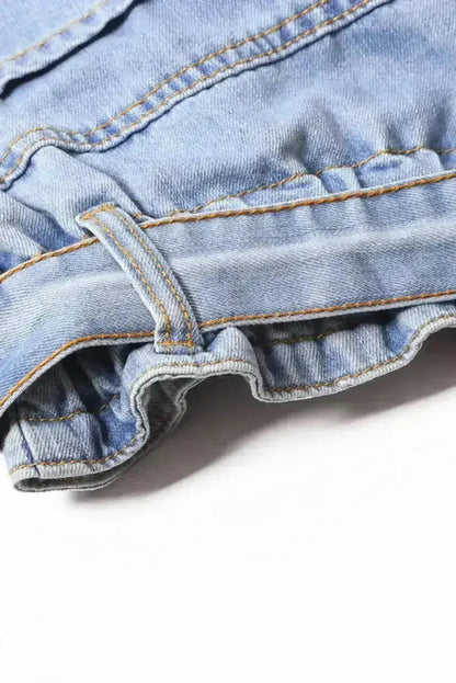 Women Light Blue Roll Hem Paper Bag Waist Denim Shorts