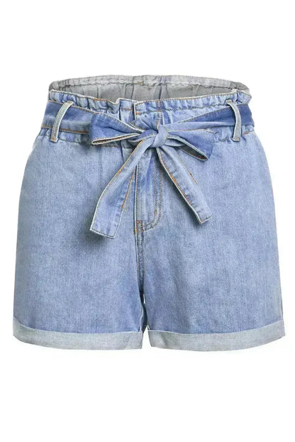 Women Light Blue Roll Hem Paper Bag Waist Denim Shorts