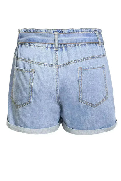 Women Light Blue Roll Hem Paper Bag Waist Denim Shorts
