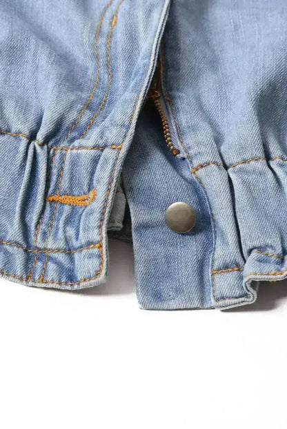 Women Light Blue Roll Hem Paper Bag Waist Denim Shorts