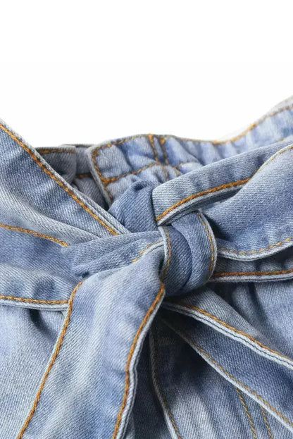 Women Light Blue Roll Hem Paper Bag Waist Denim Shorts