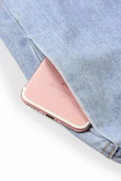 Women Light Blue Roll Hem Paper Bag Waist Denim Shorts