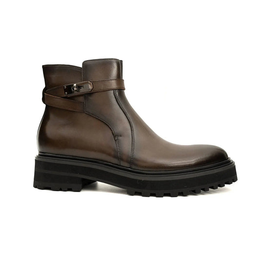 Men's Coffee Calfskin Buckle Chelsea Boots