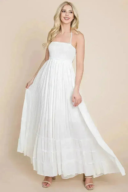 Smocked Flowy Boho Pleated Backless Maxi Dress