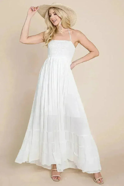 Smocked Flowy Boho Pleated Backless Maxi Dress
