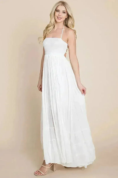 Smocked Flowy Boho Pleated Backless Maxi Dress