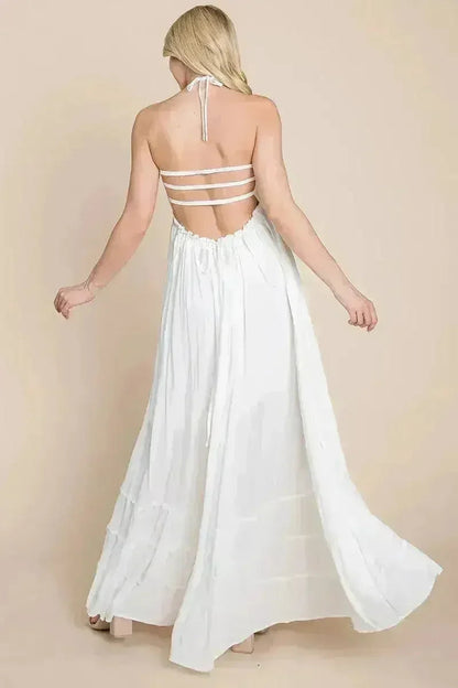 Smocked Flowy Boho Pleated Backless Maxi Dress