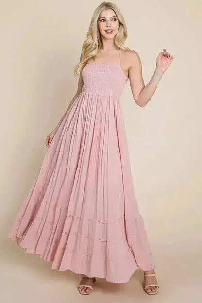 Smocked Flowy Boho Pleated Backless Maxi Dress