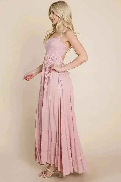 Smocked Flowy Boho Pleated Backless Maxi Dress