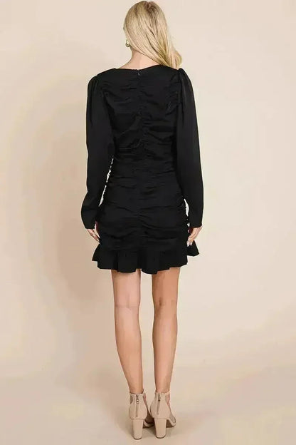 ong Sleeve Ruched Frill Hem Mini Dress
