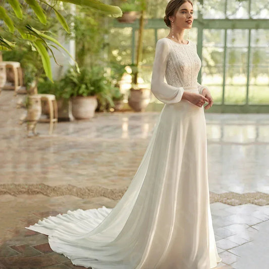 Boho Beach Wedding Dress - Long Sleeve Lace Gown Customizable | Femstylo