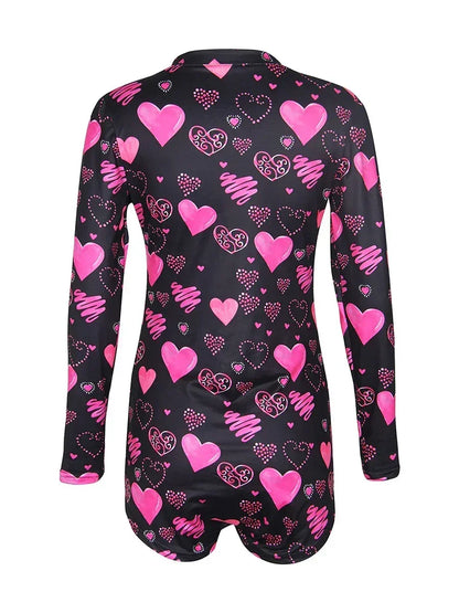 Women’s Long Sleeve Valentine Day Jumpsuit Bodycon V Neck Heart Lip Print Button Down Short Romper Indoor Sleepwear